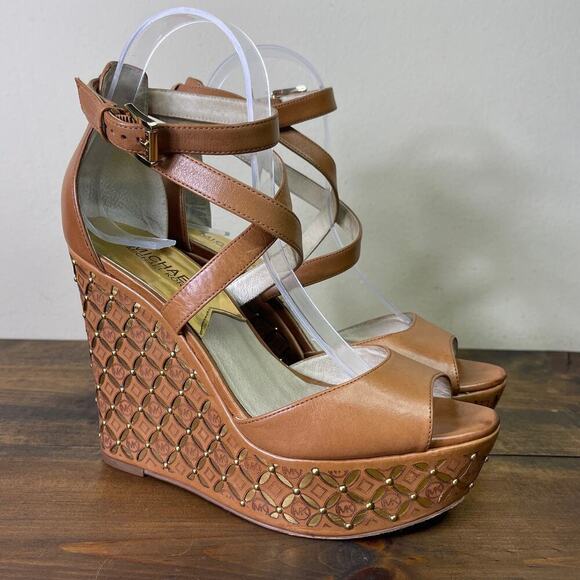 Michael Michael Kors Gabriella Wedge Sandals Cognac Brown Gold Women's Size 8 - Picture 1 of 12
